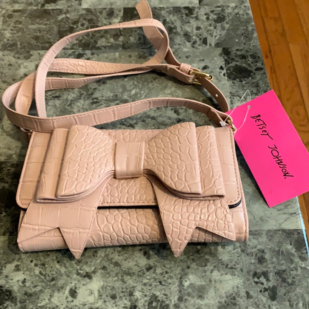 Betsey Johnson Blush Pink Croc-Embossed Bow Crossbody Bag